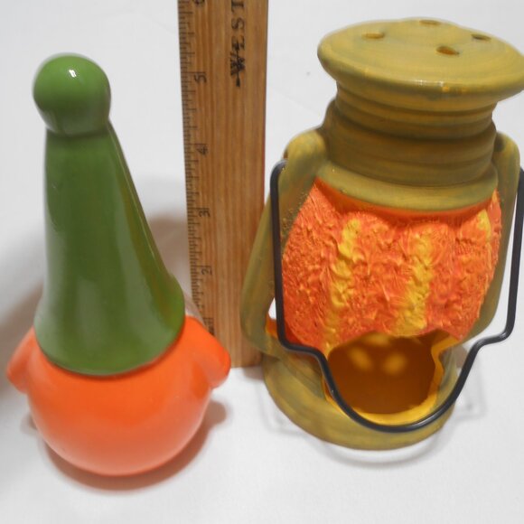 LOT HALLOWEEN DECOR PUMPKIN CANDLE HOLDER LANTERN & PORCELAIN GNOME 6 INCHES π - Picture 2 of 9